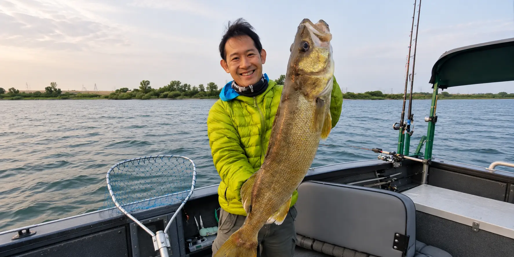 Angler holding a trophy walleye on the Columbia River